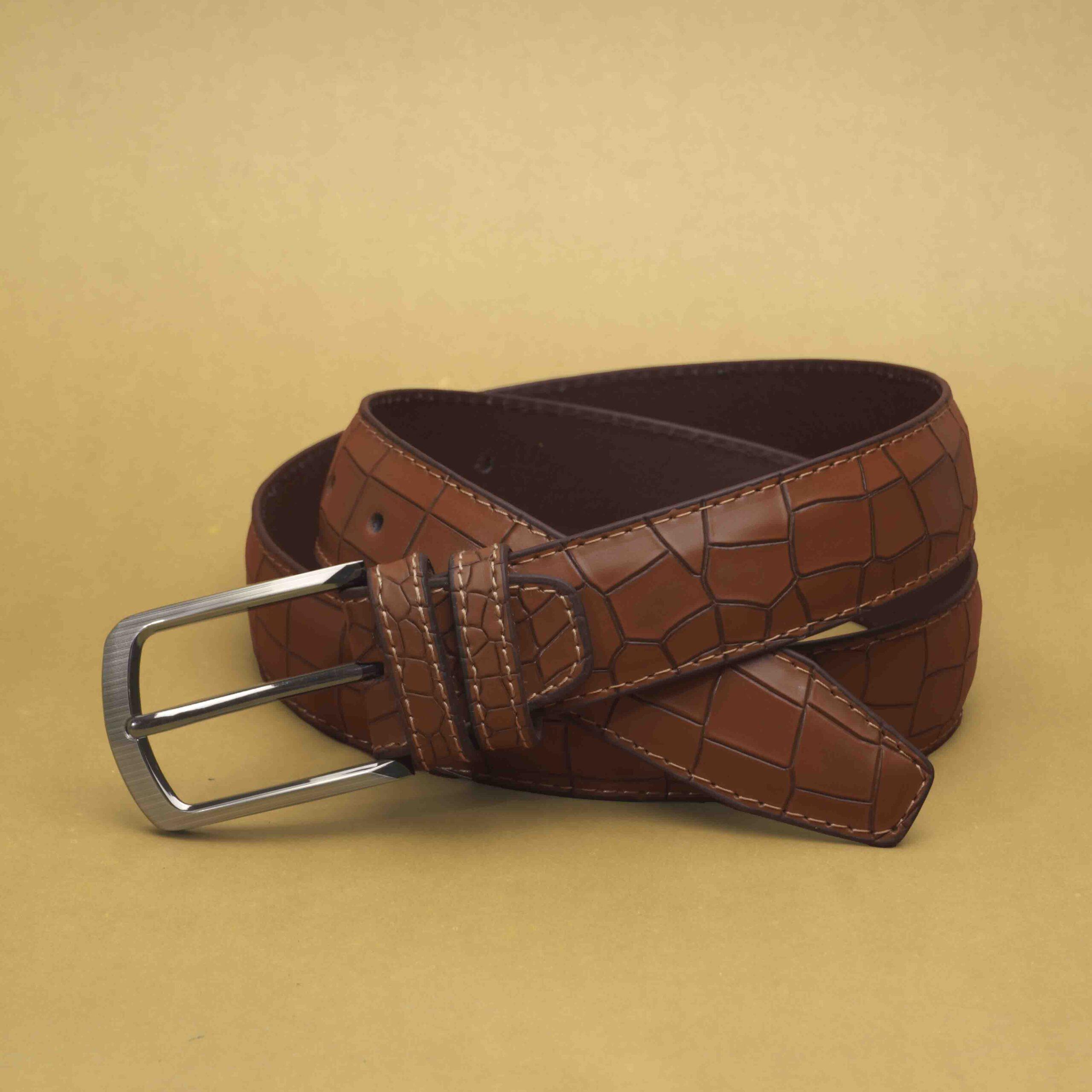 Crocodile Textured Leather Belt (Mustard)