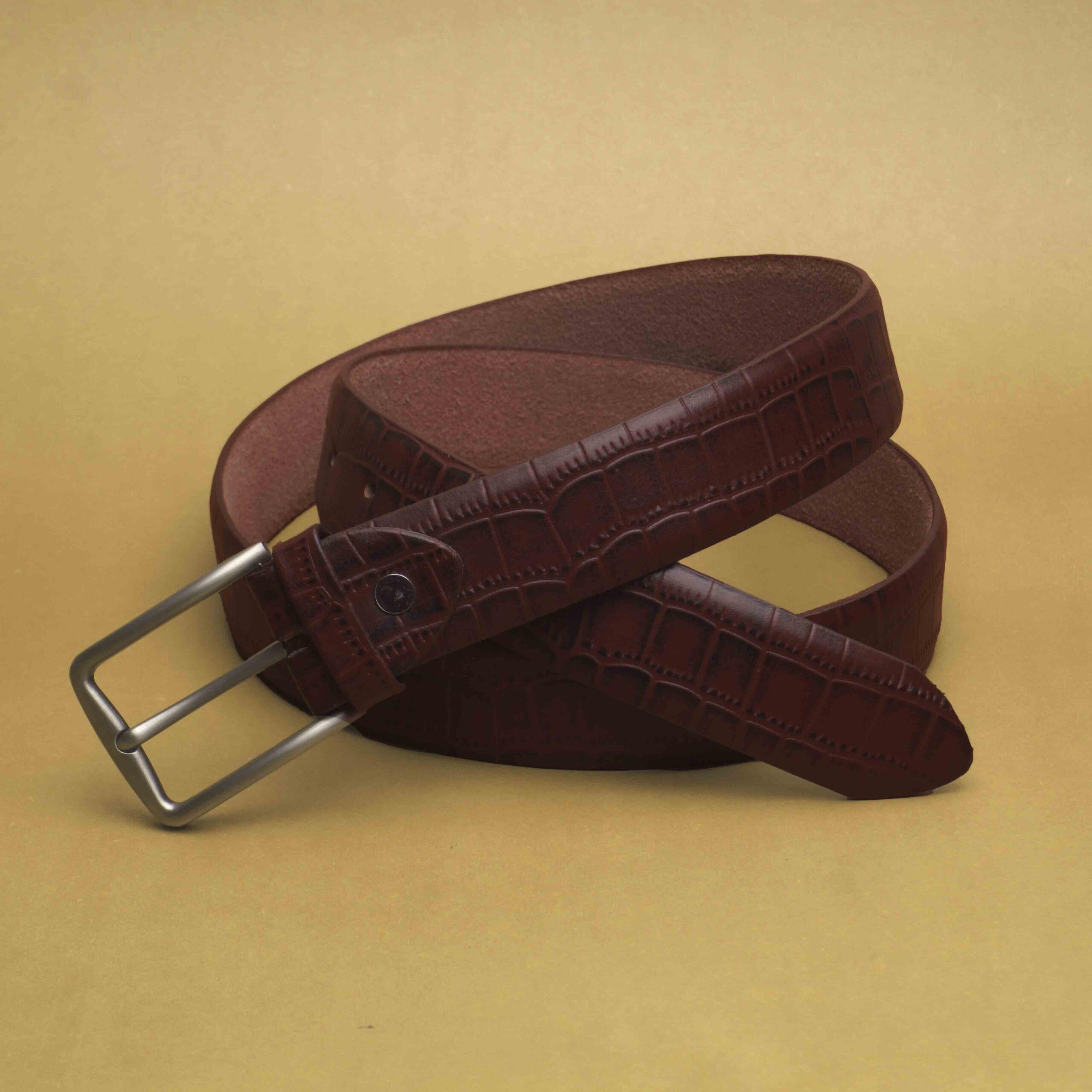 Crocodile Textured Leather Belt (Reddish Brown)