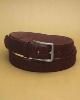 Crocodile Textured Leather Belt (Reddish Brown)