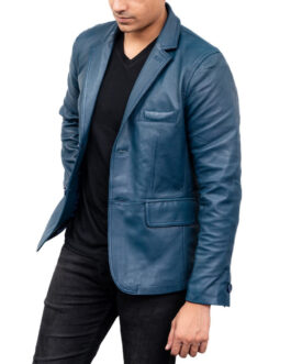 2-Button Men Lambskin Leather Blazer-Blue