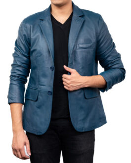 2-Button Men Lambskin Leather Blazer-Blue