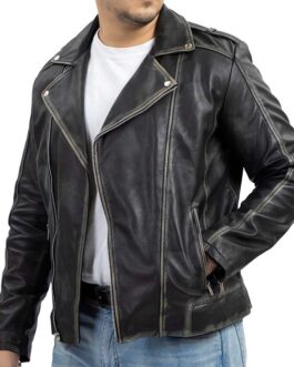 Asymmetric Zip-Up Hand Waxed Leather Lapel Style Motorcycle Jacket-Black