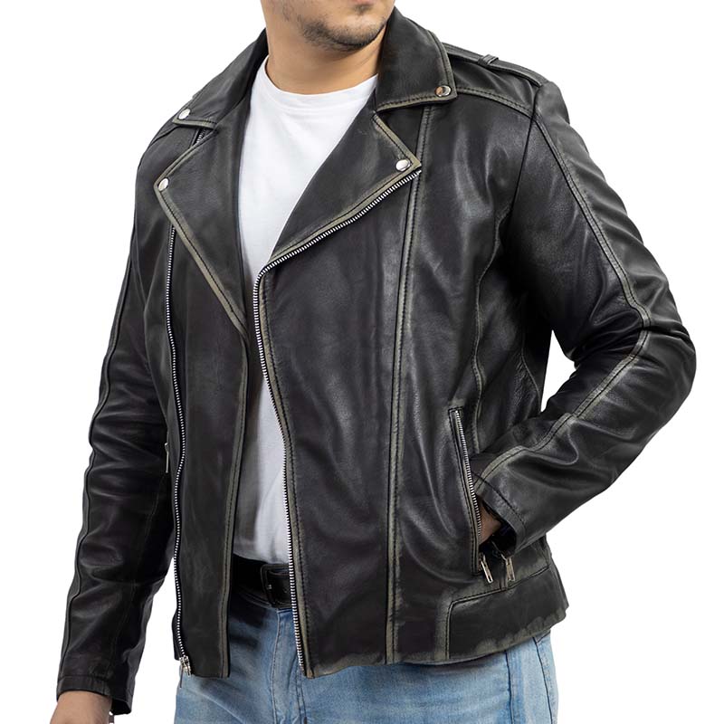 Asymmetric Zip-Up Hand Waxed Leather Lapel Style Motorcycle Jacket-Black