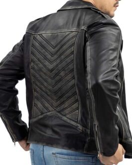 Asymmetric Zip-Up Hand Waxed Leather Lapel Style Motorcycle Jacket-Black