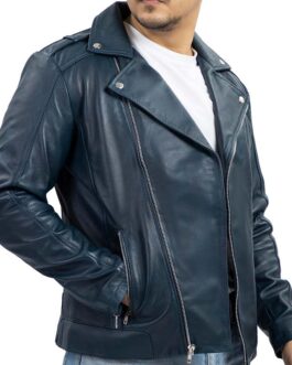 Asymmetric Zip-Up Hand Waxed Leather Lapel Style Motorcycle Jacket-Blue