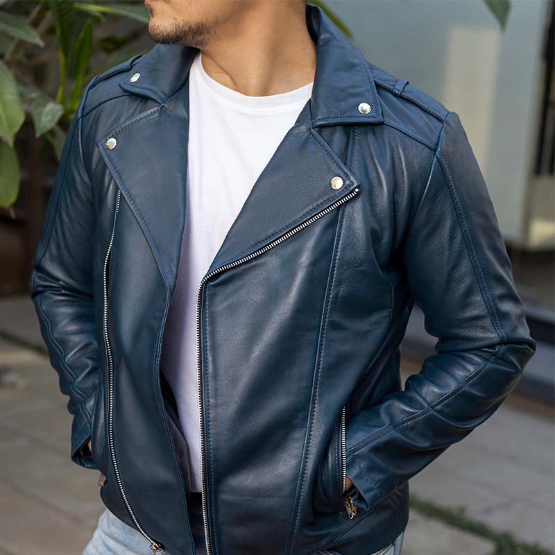 Asymmetric Zip-Up Hand Waxed Leather Lapel Style Motorcycle Jacket-Blue