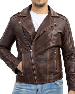 Asymmetric Zip-Up Hand Waxed Leather Lapel Style Motorcycle Jacket-Brown