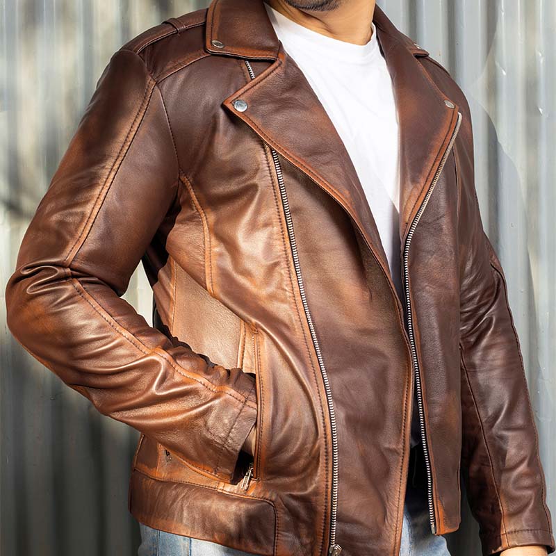 Asymmetric Zip-Up Hand Waxed Leather Lapel Style Motorcycle Jacket-Brown