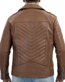 Asymmetric Zip-Up Hand Waxed Leather Lapel Style Motorcycle Jacket-Cognac