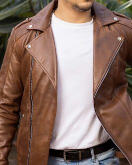 Asymmetric Zip-Up Hand Waxed Leather Lapel Style Motorcycle Jacket-Cognac