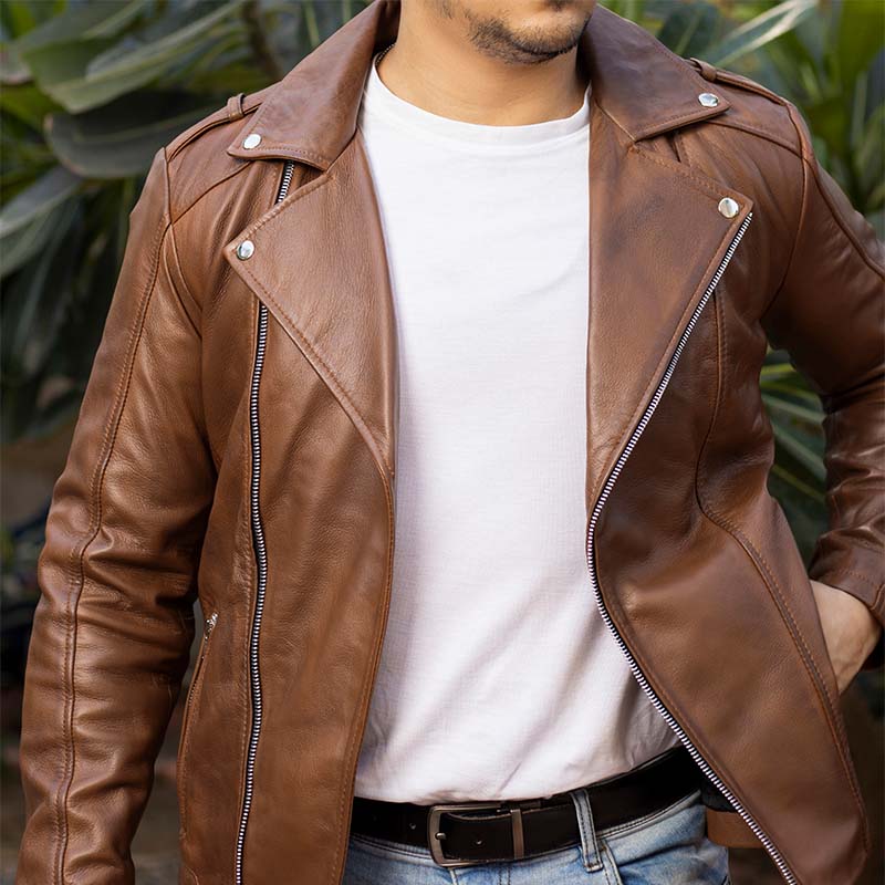 Asymmetric Zip-Up Hand Waxed Leather Lapel Style Motorcycle Jacket-Cognac