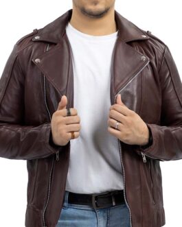 Asymmetric Zip-Up Hand Waxed Leather Lapel Style Motorcycle Jacket-Maroon