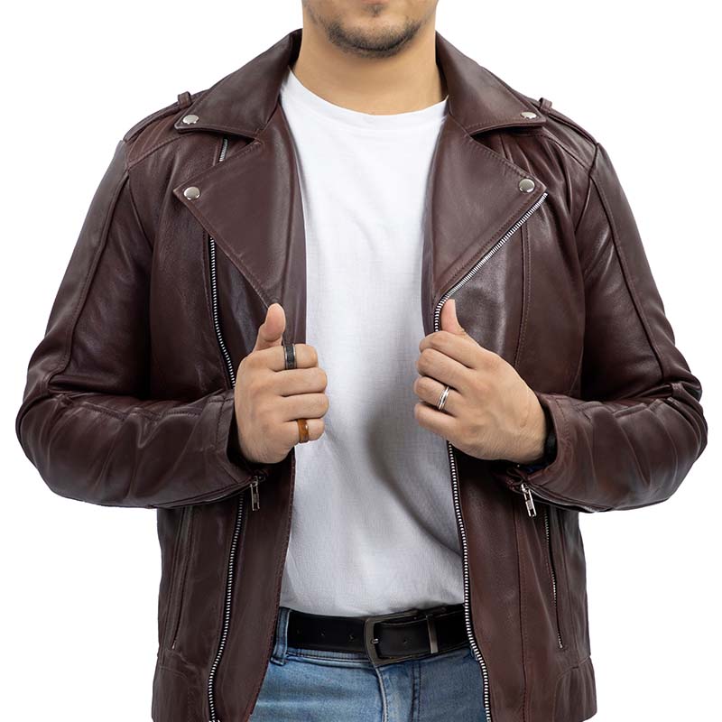 Asymmetric Zip-Up Hand Waxed Leather Lapel Style Motorcycle Jacket-Maroon