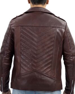 Asymmetric Zip-Up Hand Waxed Leather Lapel Style Motorcycle Jacket-Maroon