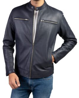 Blue Mens Pure Sheep Leather Zipper Jacket