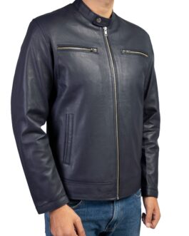 Blue Mens Pure Sheep Leather Zipper Jacket