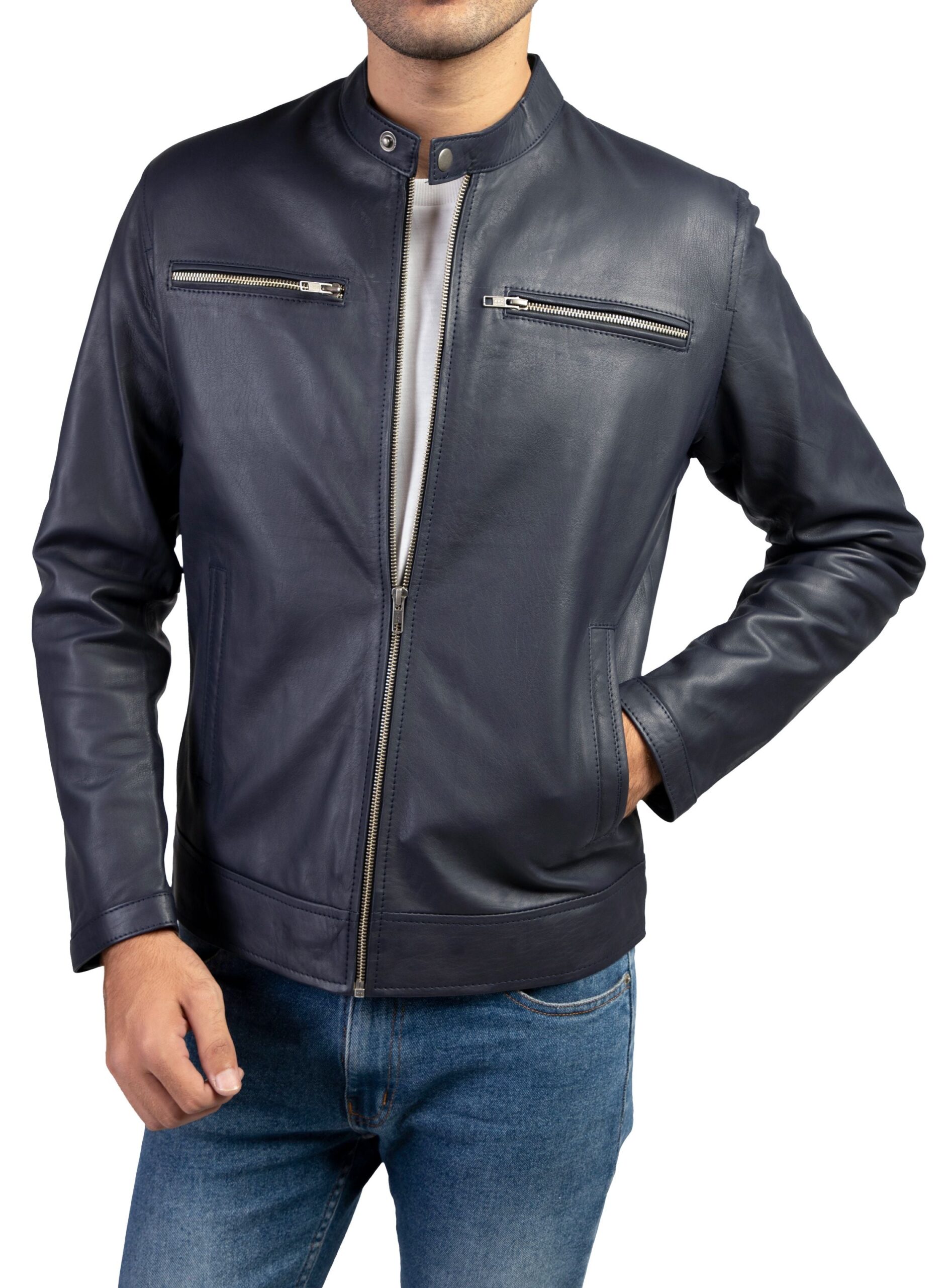 Blue Mens Pure Sheep Leather Zipper Jacket