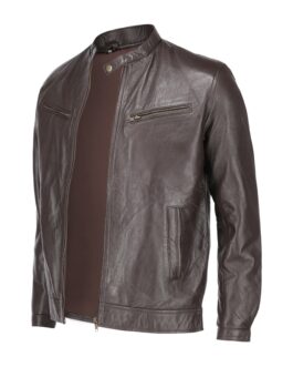 Brown Mens Pure Sheep Leather Zipper Jacket