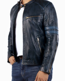 Cafe Racer Genuine Lambskin Leather Jacket-Blue