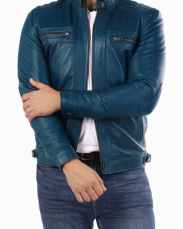 Men’s Casual Signature Diamond Lambskin Leather Jacket-Blue