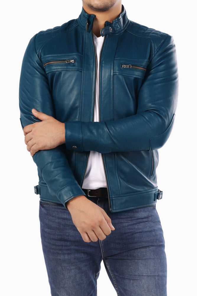 Men’s Casual Signature Diamond Lambskin Leather Jacket-Blue