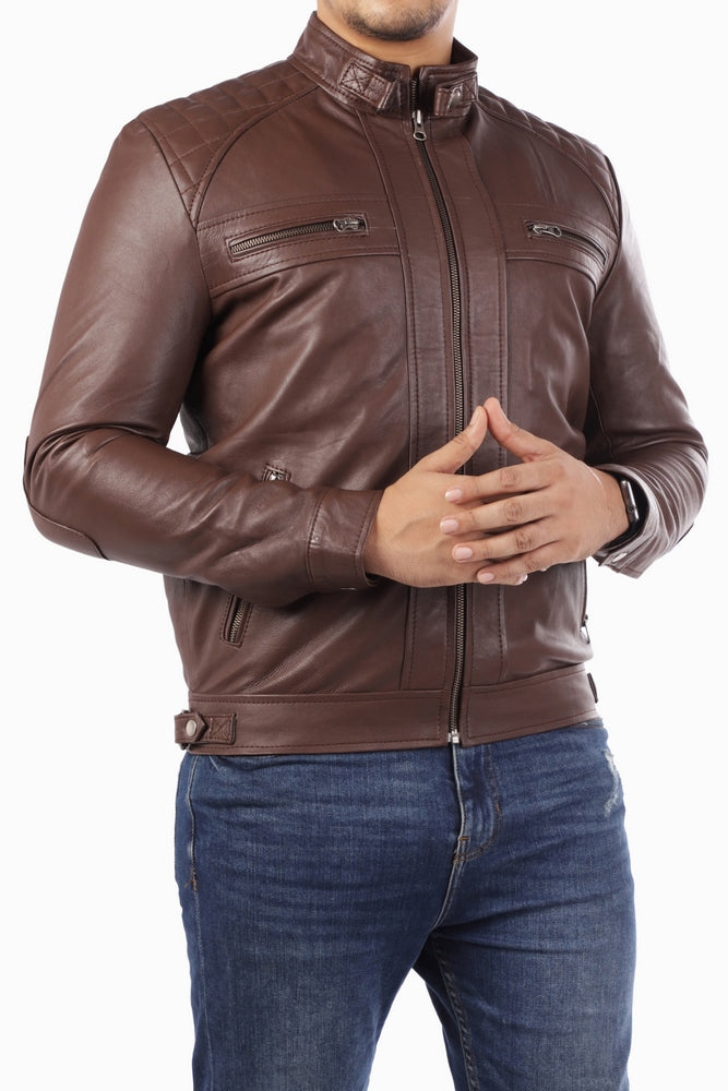 Men’s Casual Signature Diamond Lambskin Leather Jacket-Brown