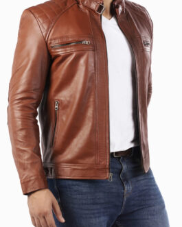 Men’s Casual Signature Diamond Lambskin Leather Jacket-Tan