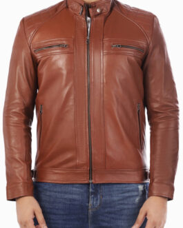 Men’s Casual Signature Diamond Lambskin Leather Jacket-Tan