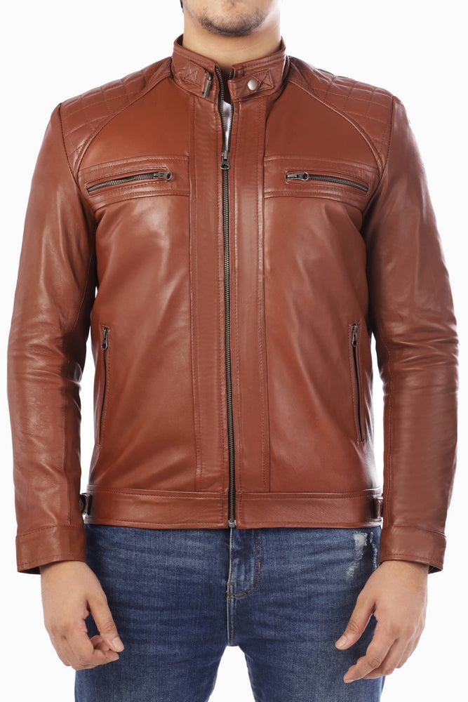 Men’s Casual Signature Diamond Lambskin Leather Jacket-Tan